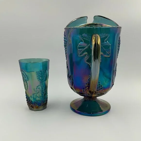 Vintage Blue Indiana Glass Grape Harvest Carnival Pitcher and Drinking Glass - Picture 4 of 8